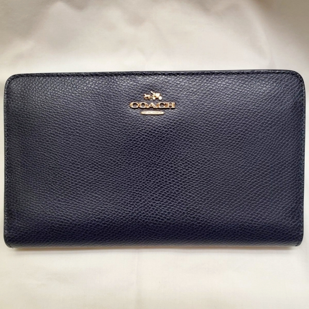 Coach Navy Blue Leather Wallet With Gold Hardware